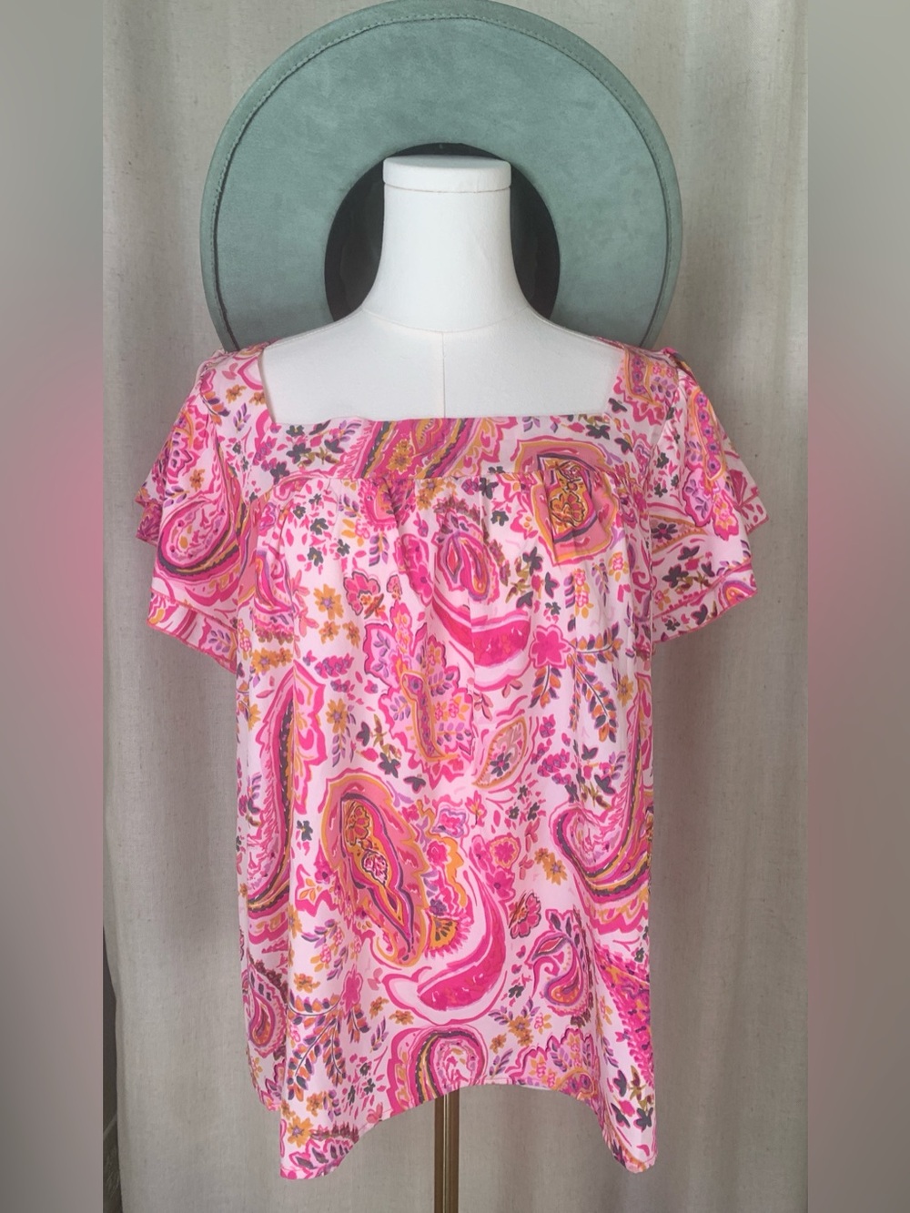 BIBI Pink Paisley Flutter Sleeve Blouse | Boho Chic Square Neck Top | Women's S